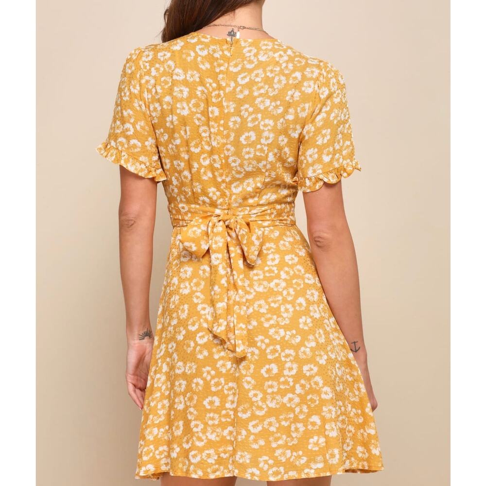 LULUS Women’s Garden Explorer Mustard Yellow Floral Print Mini Dress Size XXS - Picture 2 of 12